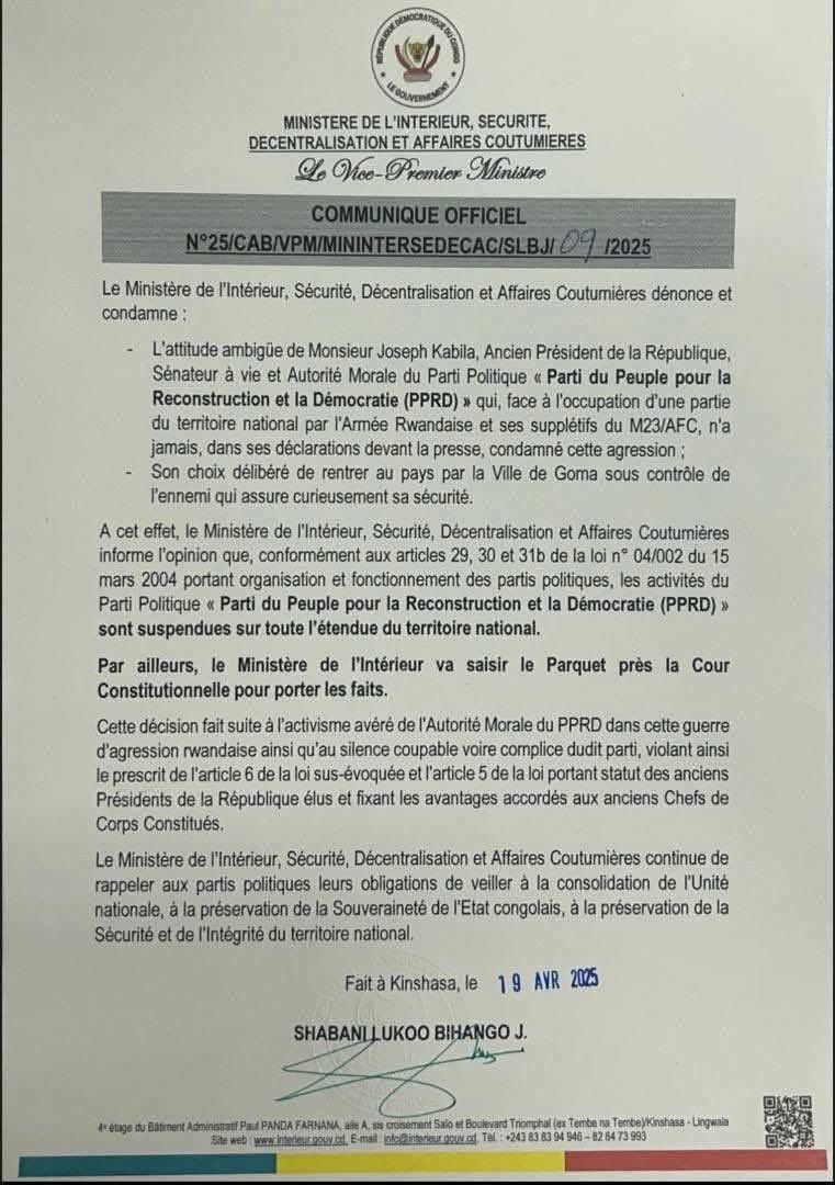 rkitsita's tweet photo. #RDC: Le VPM @shabani_lukoo suspend les activités du @pprdofficiel . Son autorité morale est accusée de haute trahison devant la Cour constitutionnelle. 
Communiqué ⤵️ https://t.co/FjOuVcJeBL