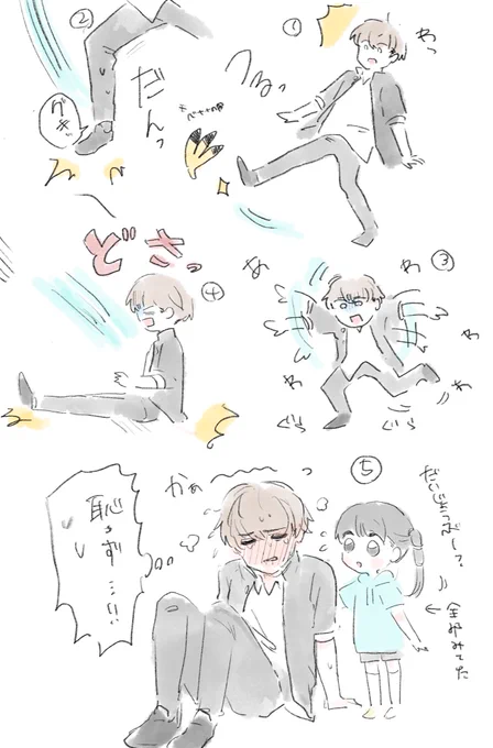 https://t.co/e7ztRfTBdC

リクエストありがとうございました!

「バナナの皮を踏んで転びそうになるが
がんばって踏ん張っても
しりもちをついて
綺麗なL字で長座で
どちらにしても恥ずかしい思いをしてるお兄さん」 