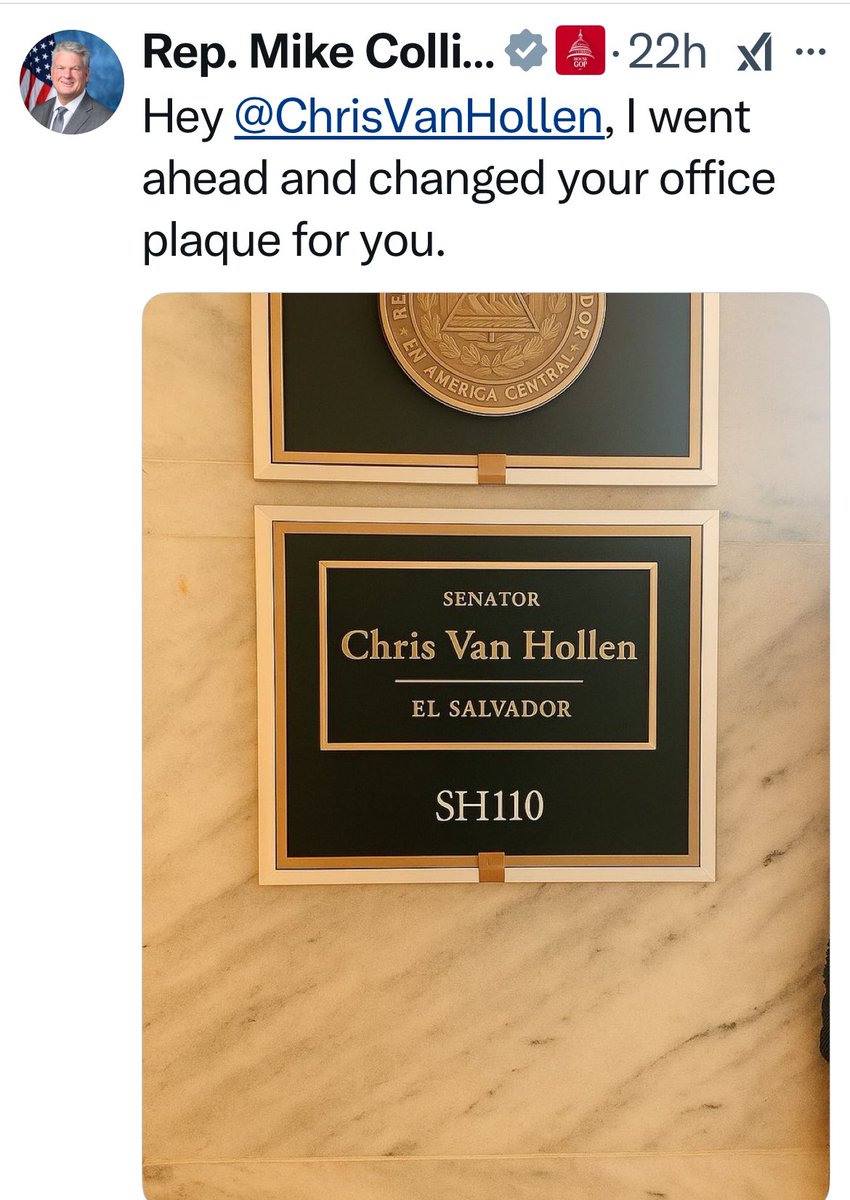 ❣️Anne❣️ (@usa_anne711) on Twitter photo 🥇 This may be the post of the week by <a href="/RepMikeCollins/">Rep. Mike Collins</a> (R-GA)
Appropriate Update of the plaque at <a href="/ChrisVanHollen/">Senator Chris Van Hollen</a> ‘s office 🥇 This may be the post of the week by <a href="/RepMikeCollins/">Rep. Mike Collins</a> (R-GA)
Appropriate Update of the plaque at <a href="/ChrisVanHollen/">Senator Chris Van Hollen</a> ‘s office