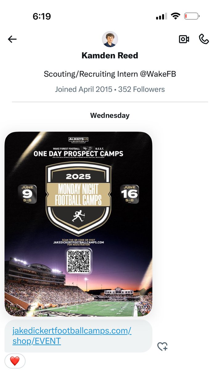 Thank you <a href="/kamden_reed/">Kamden Reed</a> for the camp invite. 🙏🏽🏈 <a href="/WakeFB/">Wake Forest Football</a>