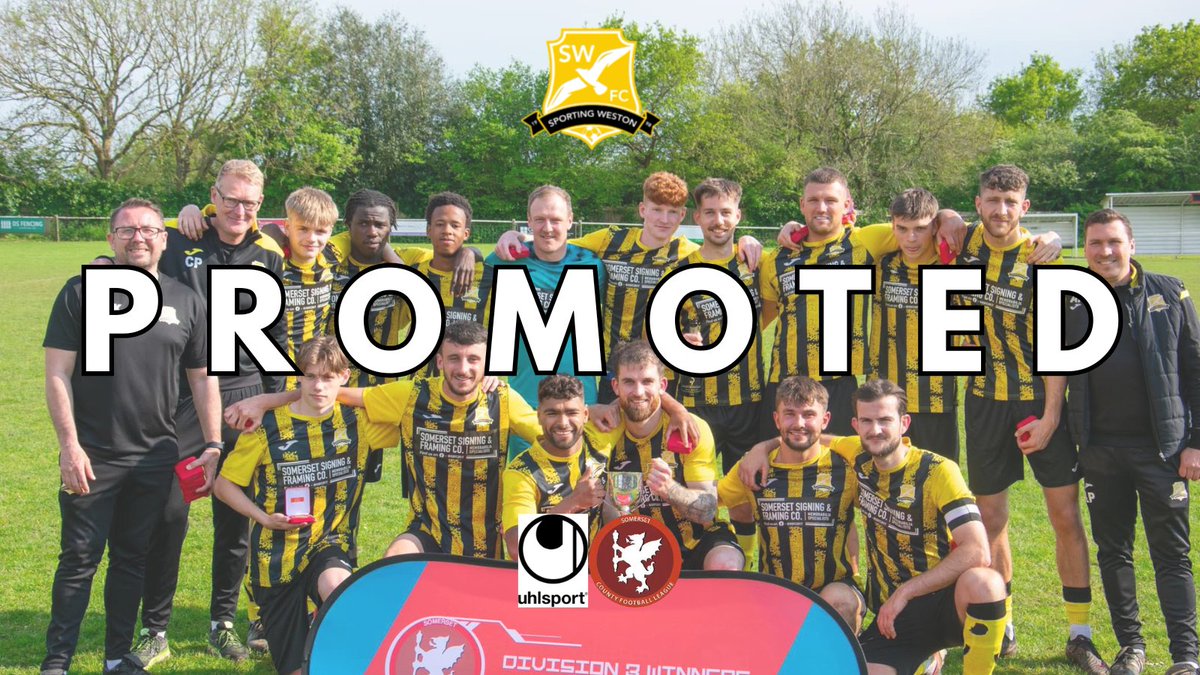 Somerset County FL (@somersetcfl) on Twitter photo <a href="/sporting_50/">Sporting Weston F.C.</a> are PROMOTED!!!
A bittersweet day for Sporting Weston, who bow out of the Div 2 & 3 Cup, but secure promotion to Division One without playing a league game!
Back to back promotions for Sporting now, and their focus will now be on securing the title. Congrats! <a href="/sporting_50/">Sporting Weston F.C.</a> are PROMOTED!!!
A bittersweet day for Sporting Weston, who bow out of the Div 2 & 3 Cup, but secure promotion to Division One without playing a league game!
Back to back promotions for Sporting now, and their focus will now be on securing the title. Congrats!