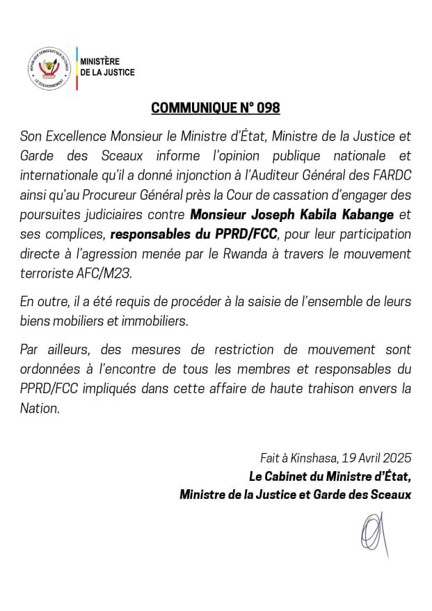 #RDC Le Garde des Sceaux congolais et Ministre de la Justice <a href="/ConstantMutamba/">Constant Mutamba</a> i a donné injonction à l'Auditeur Général des FARDC ainsi qu'au Procureur Général près la Cour de cassation d'engager des poursuites judiciaires contre <a href="/josephkabila01/">Joseph KABILA KABANGE</a> et ses complices, responsables du