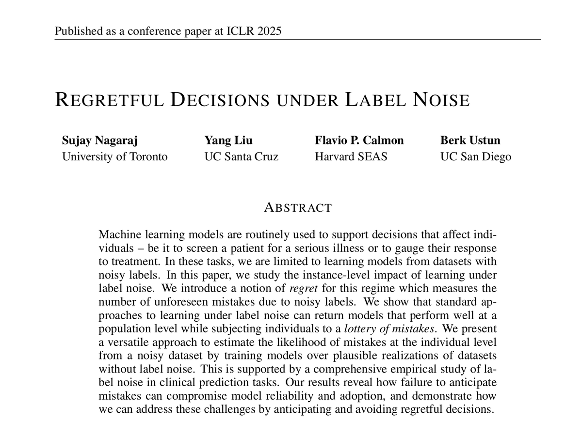 Many ML models predict labels that don’t reflect what we care about e.g.:
– Diagnoses from unreliable tests
– Outcomes from noisy electronic health records

In our #ICLR2025 paper, we study how this subjects individuals to a lottery of mistakes
Paper: bit.ly/3Y673uZ
🧵👇