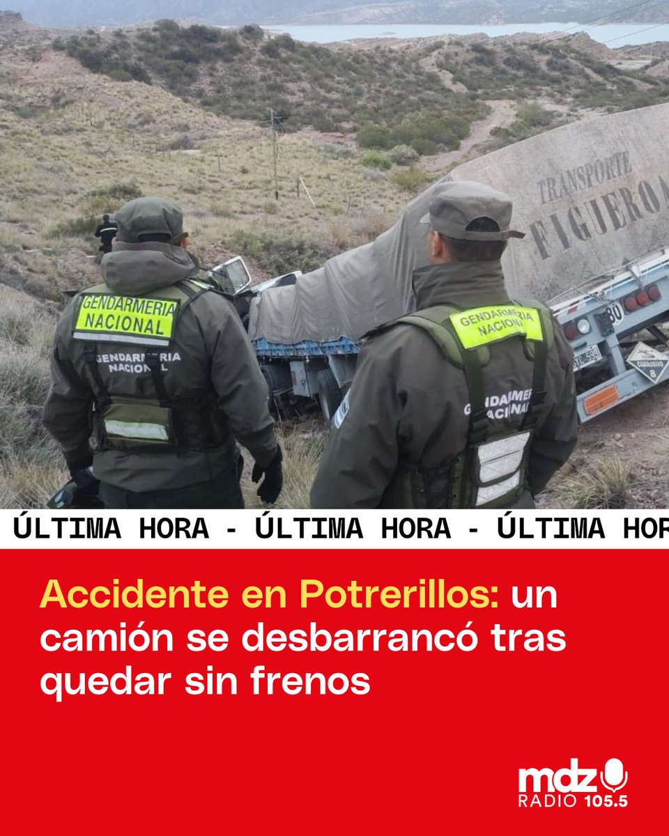 mdz_radio's tweet photo. 🚨 Accidente en Potrerillos | Un camión de cargas quedó sin frenos en la RN7 (Km 1090) y terminó en un barranco. El chofer se arrojó del vehículo y resultó ileso. No hay heridos ni interrupción vial. https://t.co/VZD6TfMW2G