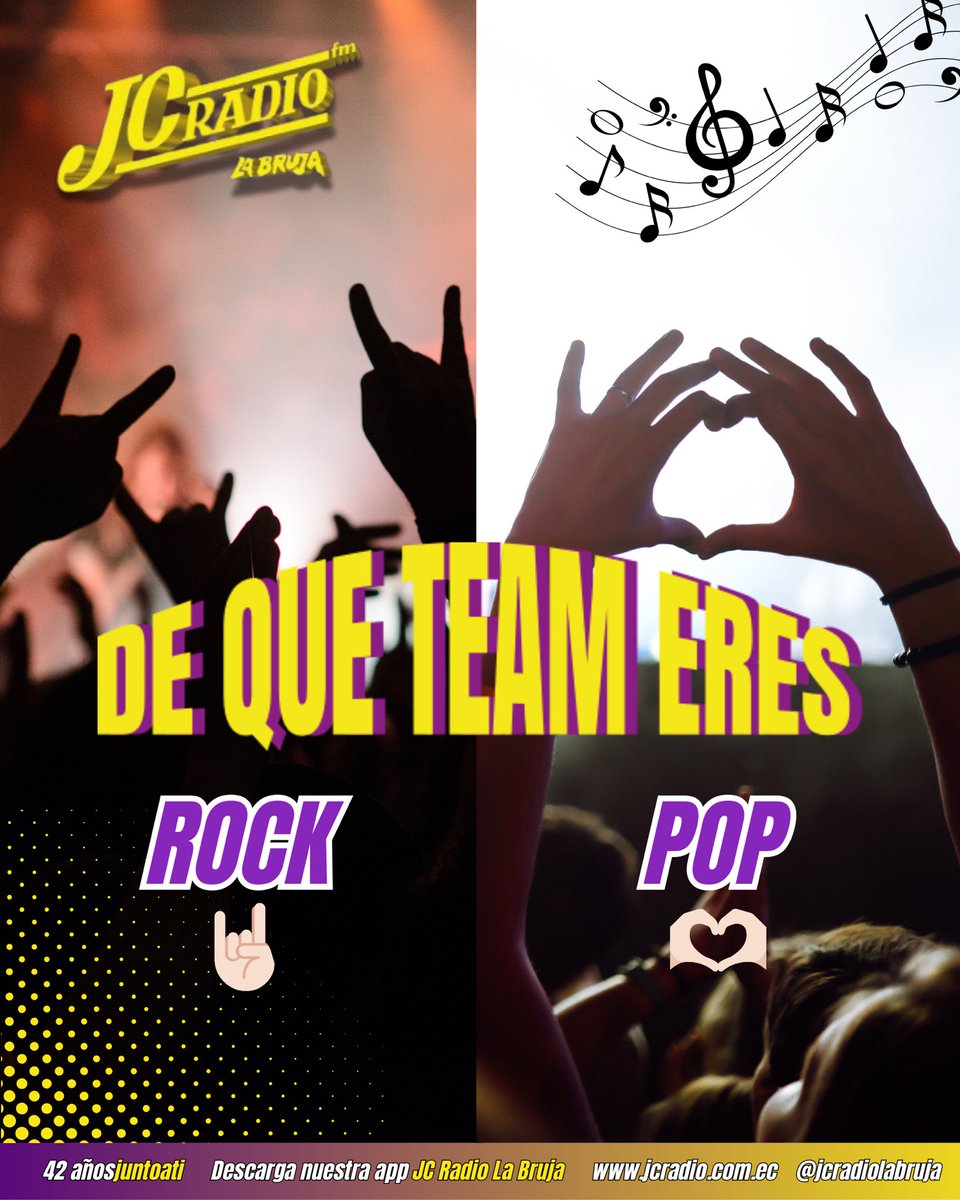 jcradiolabruja's tweet photo. ¡En JC Radio La Bruja queremos saber de qué TEAM eres! 🎉
Hoy te lanzamos el reto:
¿Eres Team Rock 🤘🏻 o Team Pop 🫶🏻?
🔥 Comenta con el emoji que mejor te represente.
¡Queremos ver cuál team domina en nuestra comunidad brujil! 🧹✨
#teamrock #teampop #dinamica #ecuador https://t.co/RoO2rWdA1I