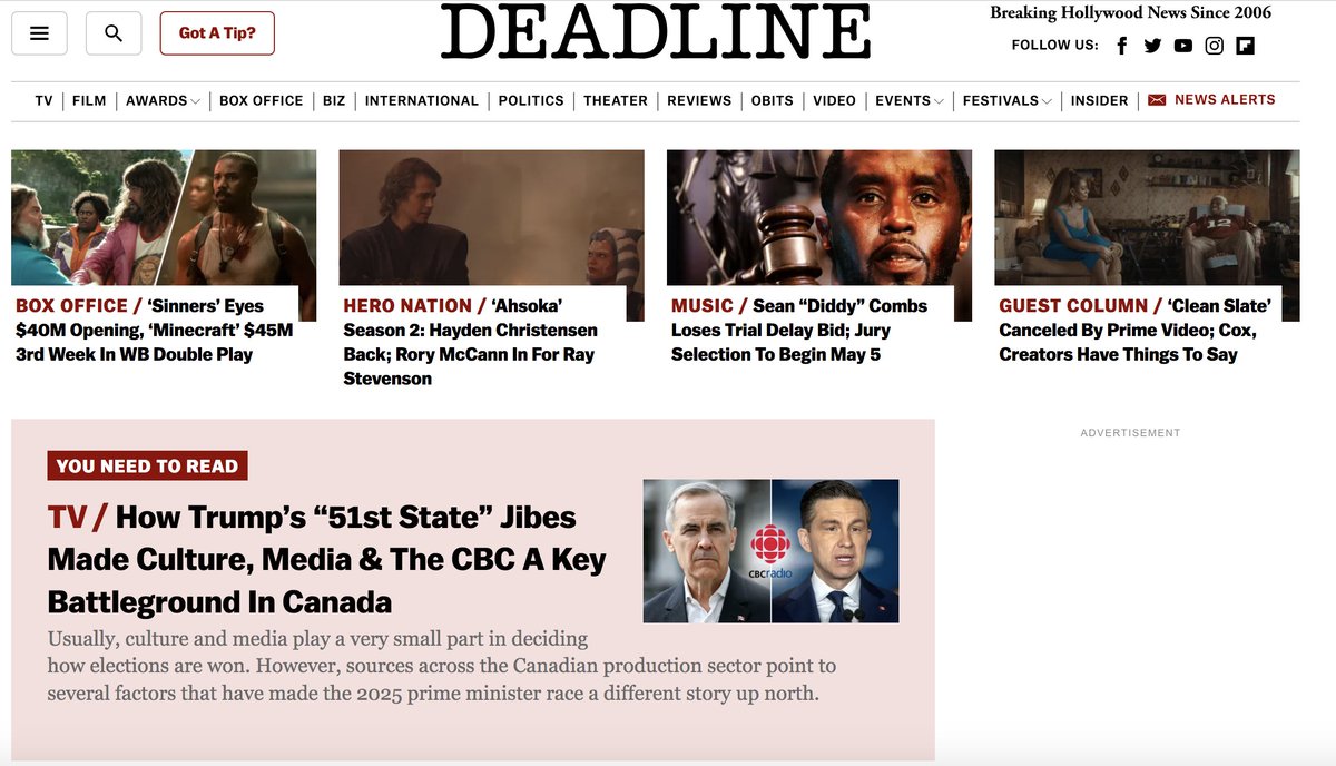 A rare non-health post from me but did anyone have "Canadian election makes the <a href="/DEADLINE/">Deadline</a> homepage" on their #cdnpoli bingo card?  Article: deadline.com/2025/04/canada…