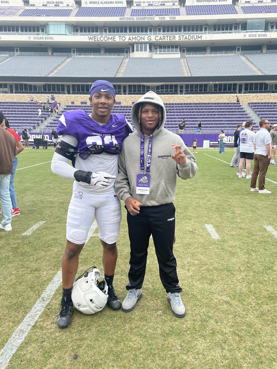 Hotboii__Jordan's tweet photo. Thank You @TCUFootball For The Invite Friday Morning Practice Had Great Vibes &amp; Atmosphere Thank You @CoachKWils For The Great Conversation , I’ll Be Back In The Summer For The DFW Showcase. @Myke_Sixx @_Roderickharris @Duncanville_FB https://t.co/IojBJHWSRY