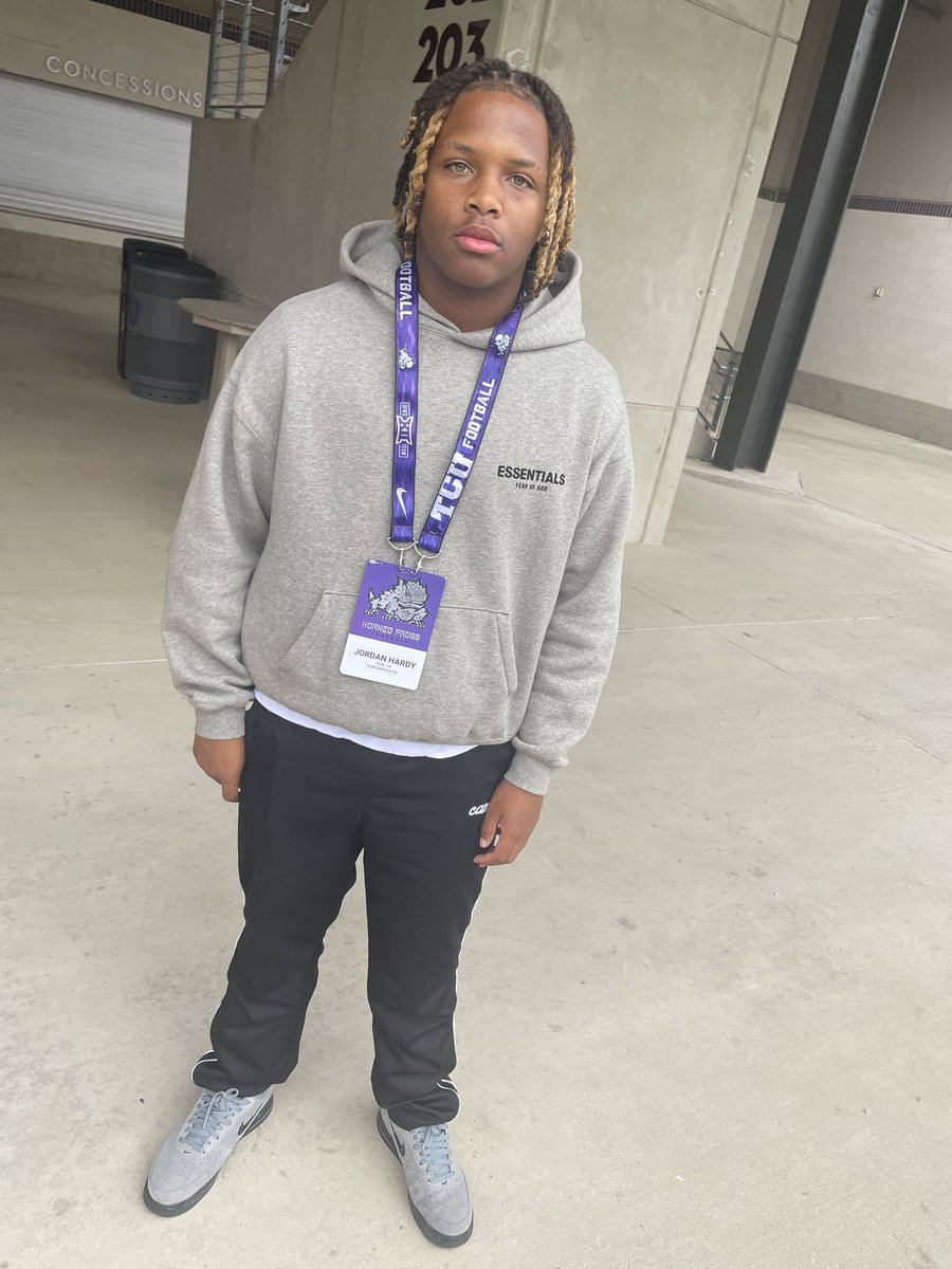 Hotboii__Jordan's tweet photo. Thank You @TCUFootball For The Invite Friday Morning Practice Had Great Vibes &amp; Atmosphere Thank You @CoachKWils For The Great Conversation , I’ll Be Back In The Summer For The DFW Showcase. @Myke_Sixx @_Roderickharris @Duncanville_FB https://t.co/IojBJHWSRY