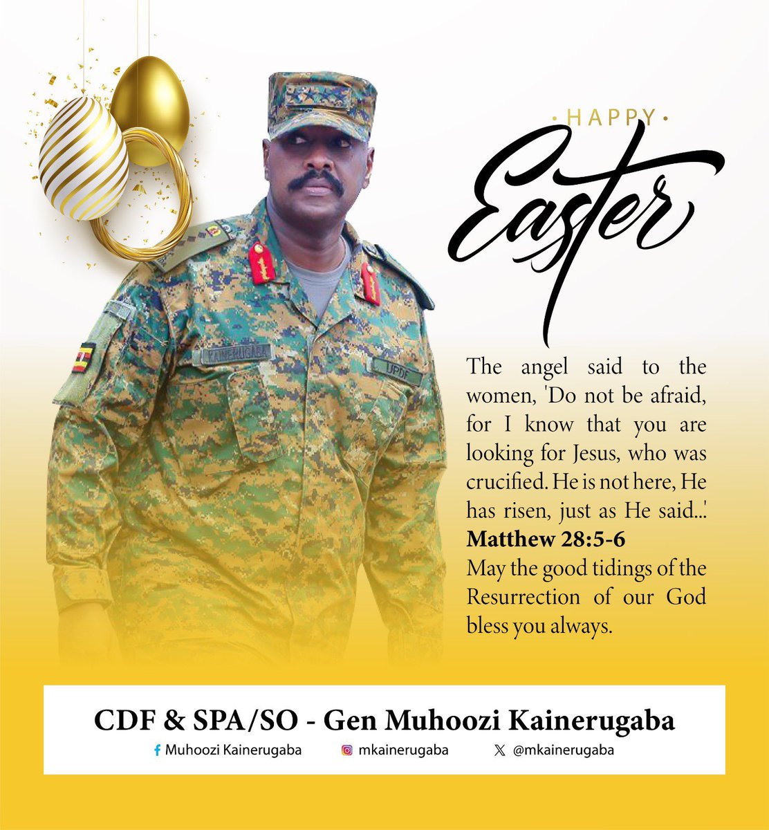Plumedia1's tweet photo. Happy Easter Holidays
CDF Gen Muhoozi Kainerugaba
@mkainerugaba 
#EasterWeekend https://t.co/zKLxlwwH6w