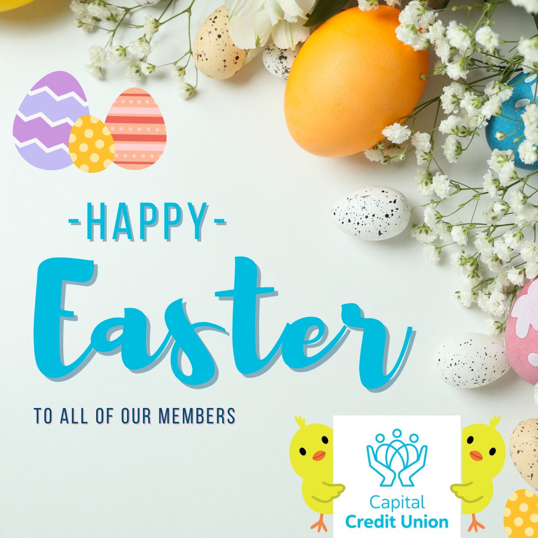 Happy Easter from all of us at Capital Credit Union! 🐰💐
Wishing you a day full of family, fun, and a little bit of chocolate too. 🐣🍫

#HappyEaster #CapitalCreditUnion  #FamilyTime #EasterFun #CommunityFirst #EasterCelebration #CapitalCU