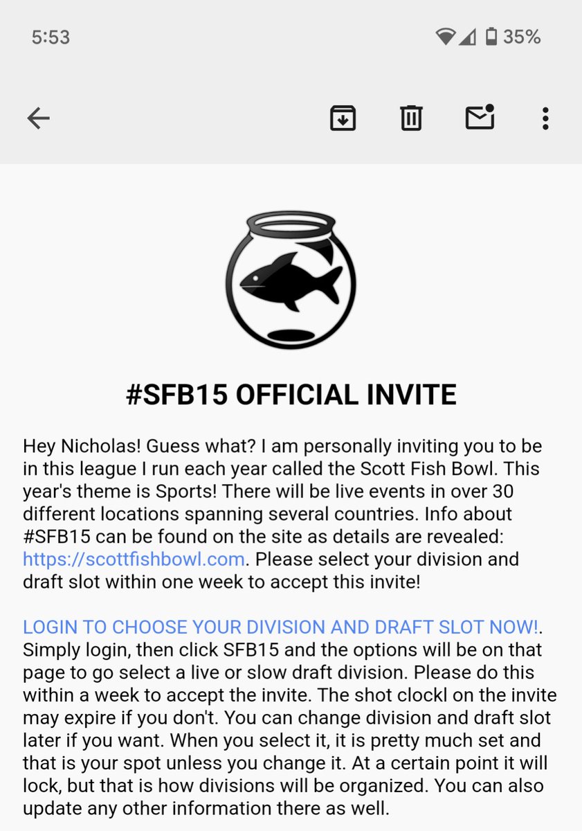 nickdoedens's tweet photo. The 3 peat is here!!!! So pumped to get this invite for the third straight year and even more excited to go to a live draft again. Amazing cause and even more amazing people involved! @ScottFish24 #SFB15 https://t.co/F1lutEGjMa