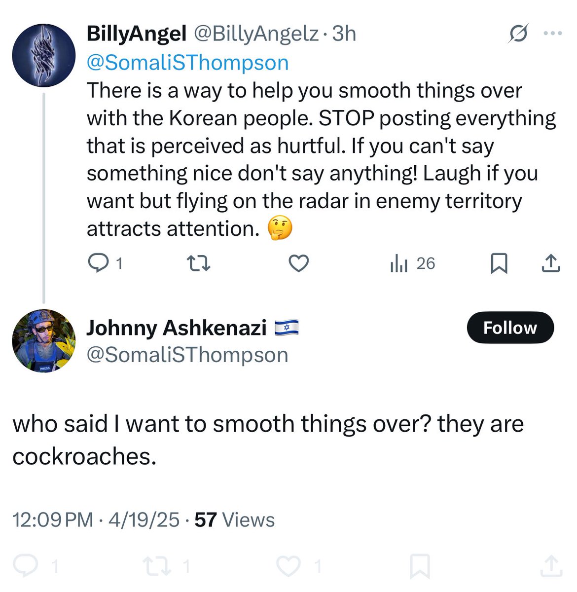 johnnysosmally's tweet photo. ... and Johnny Somali attacks Koreans again, and continues his racism against Asians (#StopAsianHate). Instead of calling them "g**ks" this time, #johnnysomali calls Koreans "cockroaches": https://t.co/UBYHJNWnxk