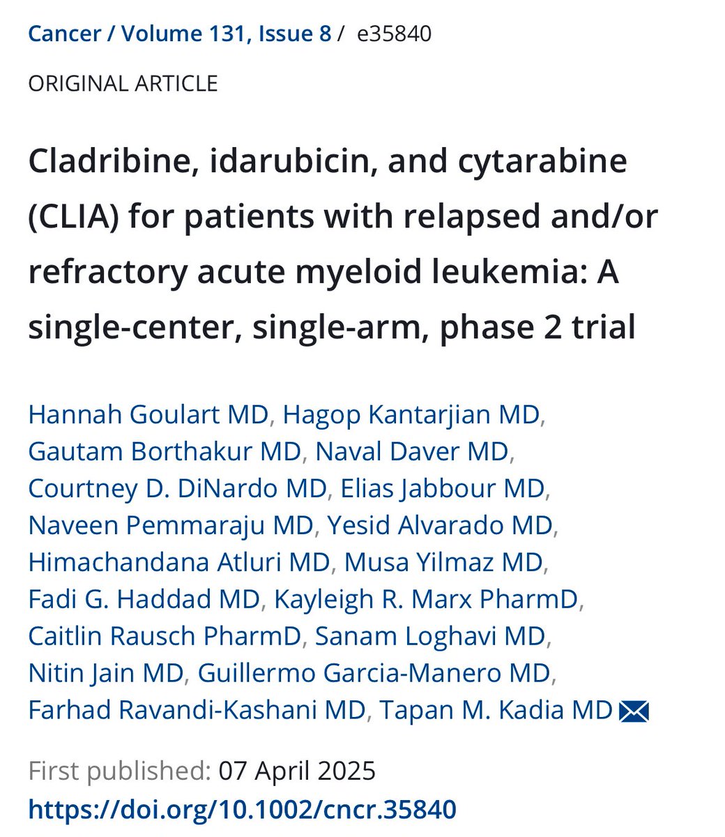 Naveen Pemmaraju, MD (@doctorpemm) on Twitter photo 👉👉👉Our group’s new article led by Dr <a href="/HannahGoulart/">Hannah Goulart</a> & Dr <a href="/TapKadia/">Tapan Kadia</a> Cladribine, idarubicin, and cytarabine (CLIA) for patients with relapsed and/or refractory acute myeloid leukemia AML
acsjournals.onlinelibrary.wiley.com/doi/10.1002/cn… | <a href="/JournalCancer/">ACS Journal Cancer</a> <a href="/MDAndersonNews/">MD Anderson Cancer Center</a> #leusm #endcancer | <a href="/sanamloghavi/">Sanam Loghavi, MD صنم لغوی 🔬🧬</a> 👉👉👉Our group’s new article led by Dr <a href="/HannahGoulart/">Hannah Goulart</a> & Dr <a href="/TapKadia/">Tapan Kadia</a> Cladribine, idarubicin, and cytarabine (CLIA) for patients with relapsed and/or refractory acute myeloid leukemia AML
acsjournals.onlinelibrary.wiley.com/doi/10.1002/cn… | <a href="/JournalCancer/">ACS Journal Cancer</a> <a href="/MDAndersonNews/">MD Anderson Cancer Center</a> #leusm #endcancer | <a href="/sanamloghavi/">Sanam Loghavi, MD صنم لغوی 🔬🧬</a>