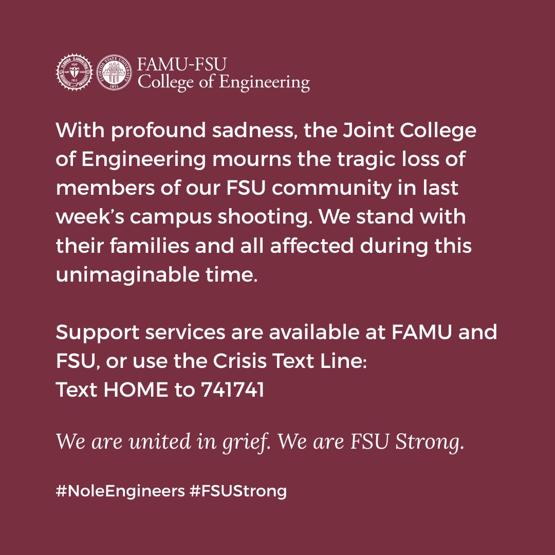 Support services are available:
- FSU Counseling &amp; Psychological Services team: (850) 644-TALK (8255)
- FAMU Office of Counseling Services: (850) 599-3145
- FSU Employee Assistance Program: 850-644-2288
- FAMU Employee Assistance Program: 850-599-3611