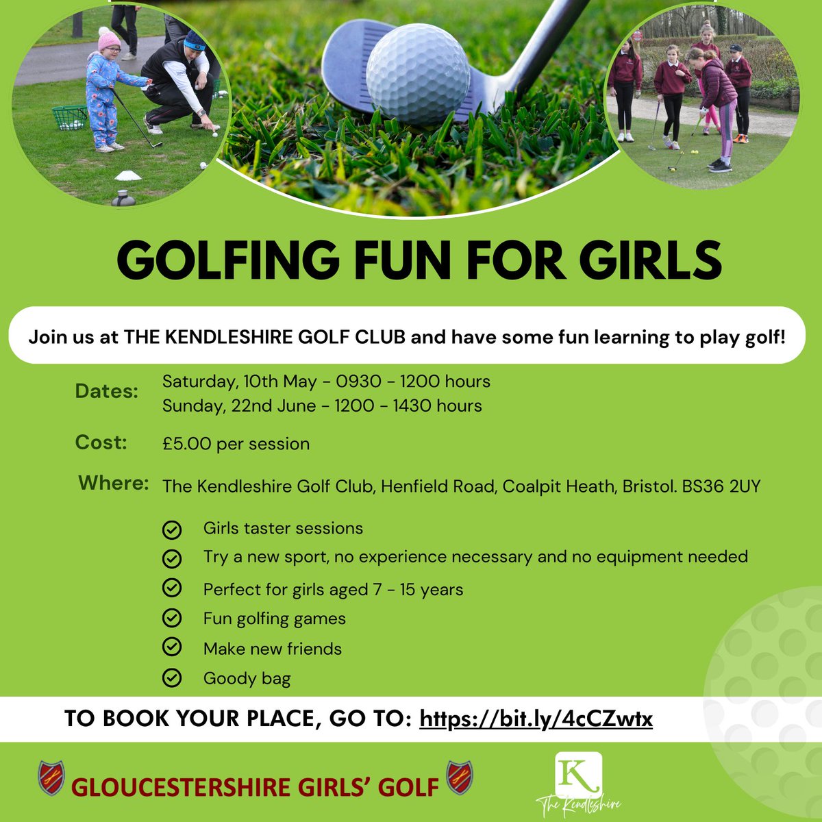 Glos Ladies Golf (@glcga) on Twitter photo GOLFING FUN FOR GIRLS IN GLOUCESTERSHIRE
Girls aged 7-15 join us at one of our taster sessions-10/5 or 22/6 <a href="/thekendleshire/">The Kendleshire</a> Have fun learning a new sport & make new friends.
Book your place here: bit.ly/4cCZwtx
See you there!!
<a href="/Glosgolf/">Gloucestershire Golf</a> <a href="/EnglandGolf/">England Golf</a> <a href="/thekendleshire/">The Kendleshire</a> GOLFING FUN FOR GIRLS IN GLOUCESTERSHIRE
Girls aged 7-15 join us at one of our taster sessions-10/5 or 22/6 <a href="/thekendleshire/">The Kendleshire</a> Have fun learning a new sport & make new friends.
Book your place here: bit.ly/4cCZwtx
See you there!!
<a href="/Glosgolf/">Gloucestershire Golf</a> <a href="/EnglandGolf/">England Golf</a> <a href="/thekendleshire/">The Kendleshire</a>