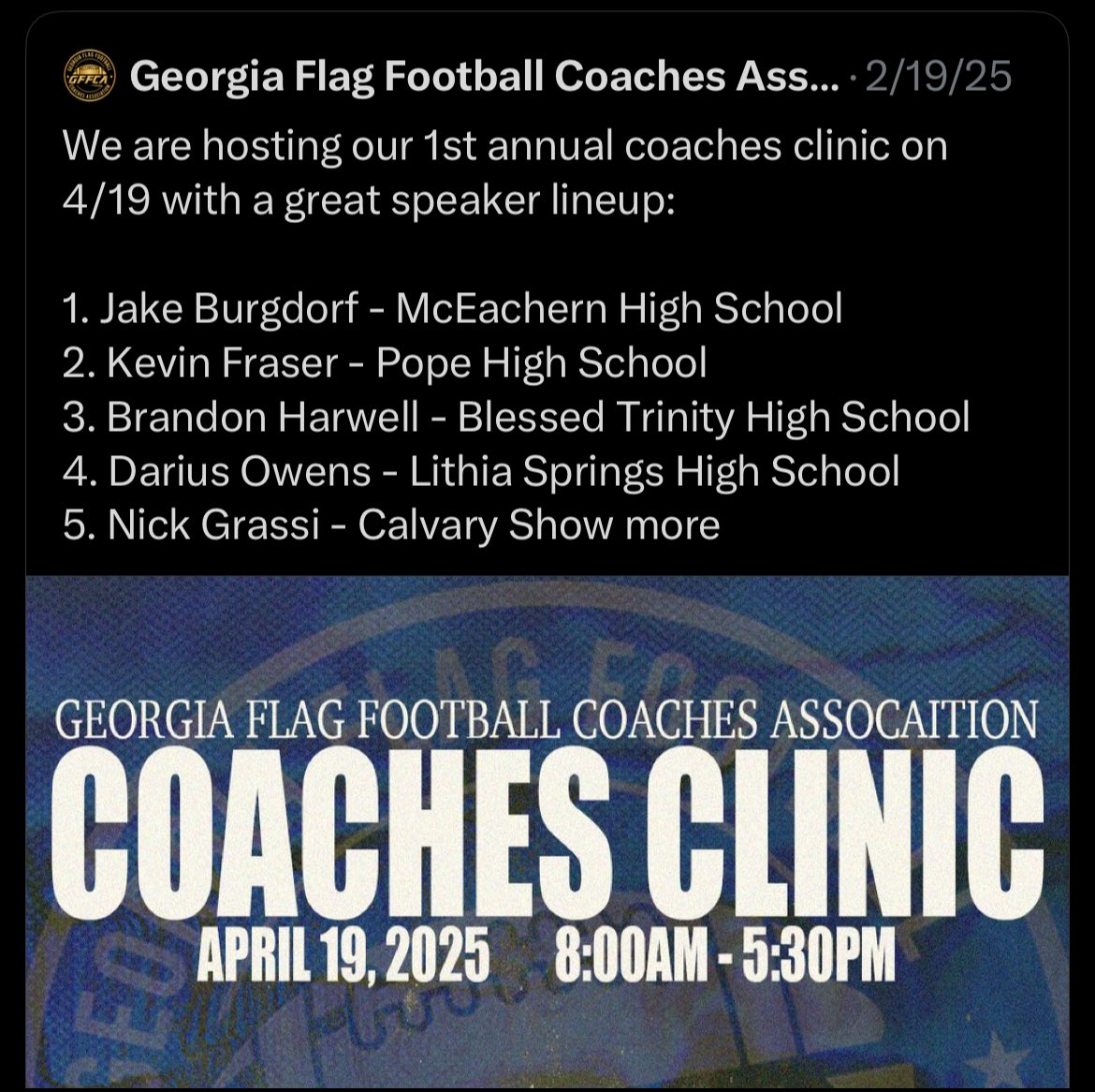 Westside Lady Noles Flag Football (@westside_flag) on Twitter photo Thank you to <a href="/GFFCA_/">Georgia Flag Football Coaches Association</a> for a great learning opportunity today! Great clinic!
<a href="/BibbAthletics/">Bibb Athletics</a>
<a href="/WSide_Athletics/">WestsideHSAthletics</a>
<a href="/alk0203/">Amy Krasselt Wright</a> Thank you to <a href="/GFFCA_/">Georgia Flag Football Coaches Association</a> for a great learning opportunity today! Great clinic!
<a href="/BibbAthletics/">Bibb Athletics</a>
<a href="/WSide_Athletics/">WestsideHSAthletics</a>
<a href="/alk0203/">Amy Krasselt Wright</a>