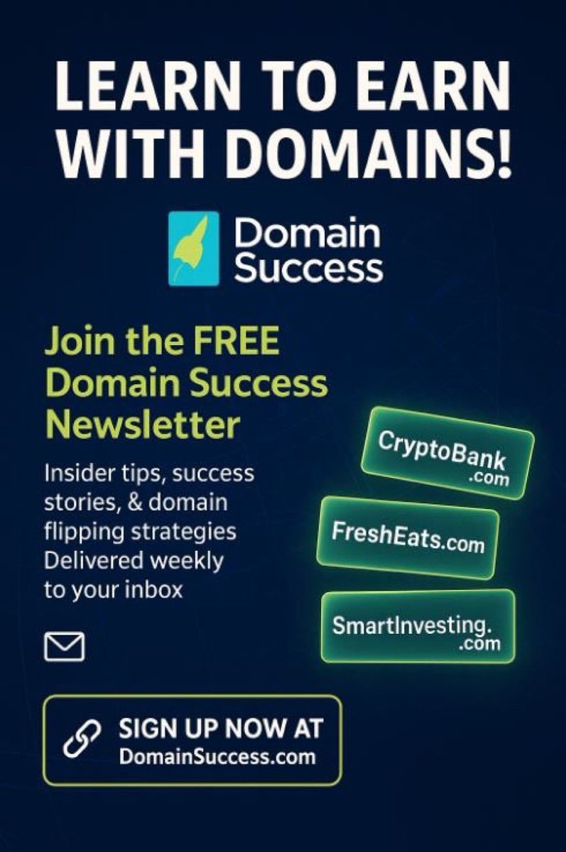 DomainSuccess's tweet photo. 🎇 Want to earn passive income with domain names?
Get insider tips, trends, and flipping strategies from the pros.
📩  Sign up FREE 👉 https://t.co/yJ6wQUib6d https://t.co/hU30yU5wFZ