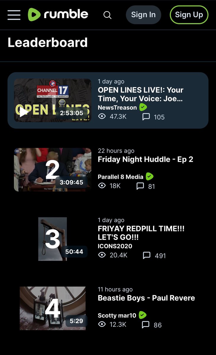 NewsTreason Channel 17 (@newstreason) on Twitter photo Wow. Thank you all 🙏
This is our first time ever landing at # 1 on the <a href="/rumblevideo/">Rumble 🏴☠️</a> Leaderboard.
And it’s great to see our good friend Mark <a href="/8traq_truth/">8traQ aka Vegas Mark</a> coming in at #2
Here’s a link to the replays of both shows.
🔗 Open Lines: rumble.com/v6s9mbd-open-l…
🔗 The Huddle: Wow. Thank you all 🙏
This is our first time ever landing at # 1 on the <a href="/rumblevideo/">Rumble 🏴☠️</a> Leaderboard.
And it’s great to see our good friend Mark <a href="/8traq_truth/">8traQ aka Vegas Mark</a> coming in at #2
Here’s a link to the replays of both shows.
🔗 Open Lines: rumble.com/v6s9mbd-open-l…
🔗 The Huddle: