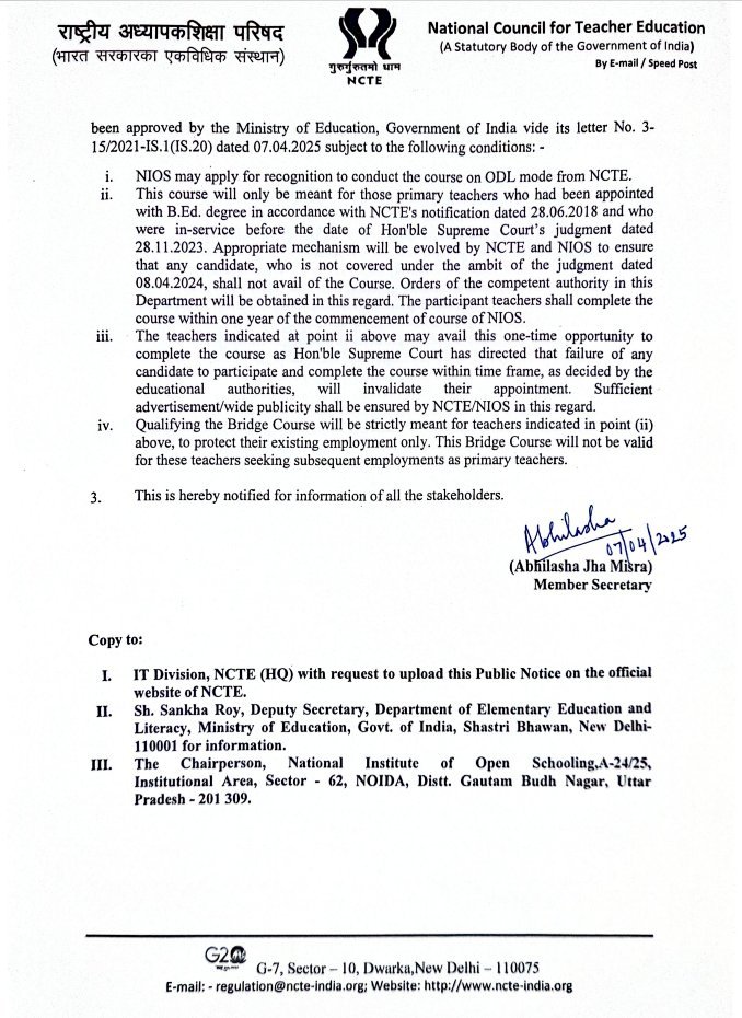 NCTE_Official's tweet photo. #NCTEUpdates: 6 Month #BridgeCourse introduced by #NCTE.

In compliance of directions of the Hon’ble Supreme Court of India, NCTE has designed the 6-months Certificate Course (Bridge) in Primary Teacher Education which has been approved by @EduMinOfIndia, Government of India. https://t.co/BLXHlMJLPd