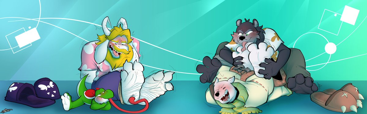 Don't you know? Torture is like stew: slow and simmered to perfection. 
Berlin and Yoshi understand this quite well with each slow, tapered, and ticklish, lick making their victims Asgore and Titan Boo red in the face.

🎨done by @artisticburr