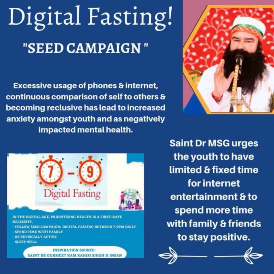 JyotiKashy4388's tweet image. Saint MSG has appealed to his followers to do #DigitalFast everyday from 7:00 PM to 9:00 PM. So that this time can be spent with your family and strengthen the relationship..!!