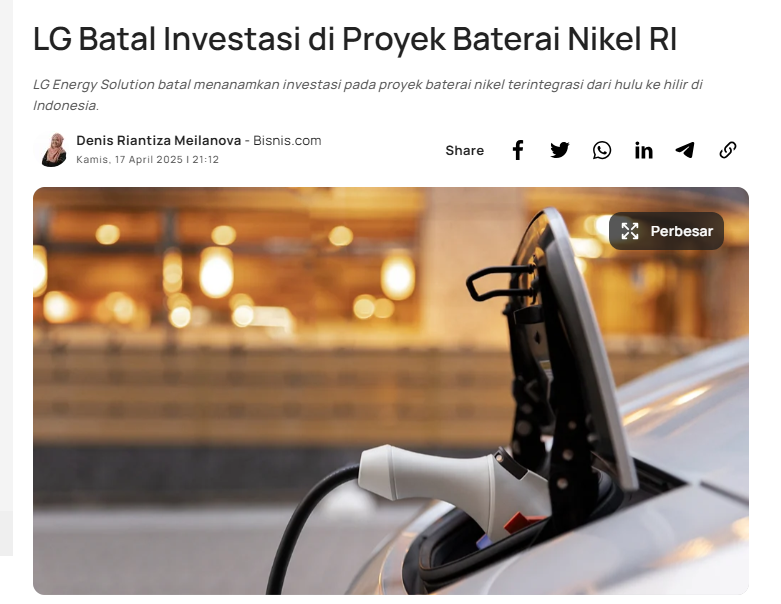 TradingDiary2's tweet photo. LG batal investasi 130 trilyun di proyek baterai nikel RI

sangat disayangkan karena negara kita sumber terbesar nikel dan integrasi bisnis hulu ke hilir akan memberikan nilai tambah maximal dan banyak menyerap tenaga kerja https://t.co/K60ydbLGH9