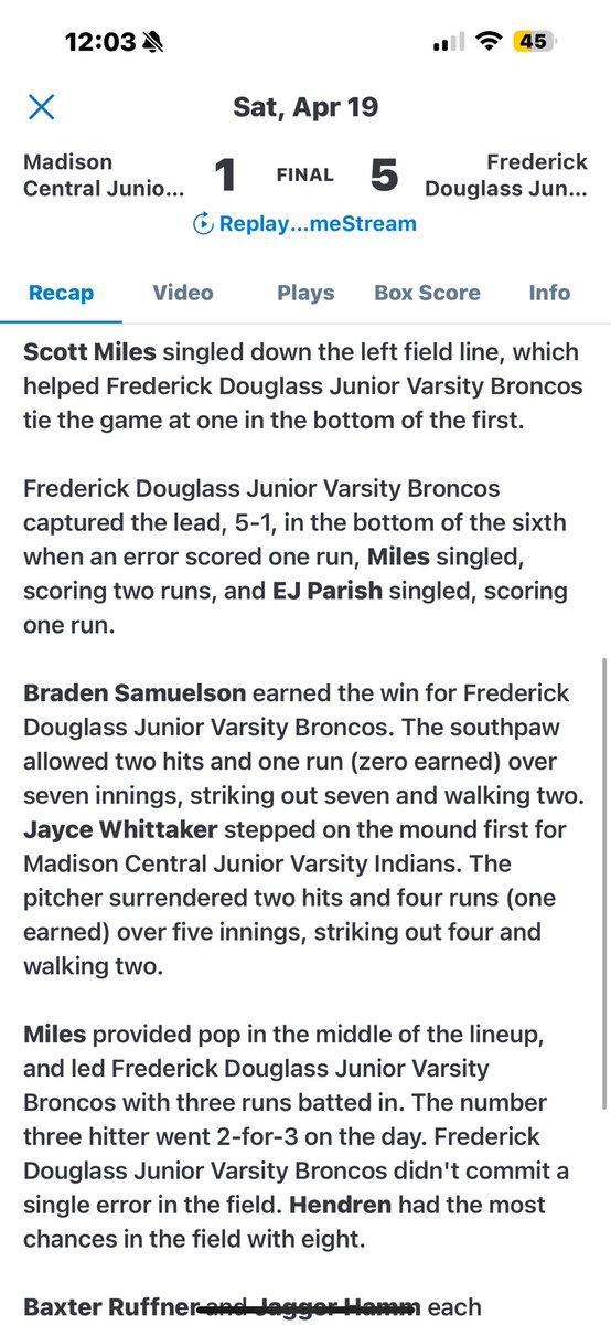 ScottMiles2028's tweet photo. Great win against Madison central 5-1. @FDHSBaseball @NCSA_Baseball #Stampede https://t.co/meWnB2Sqou