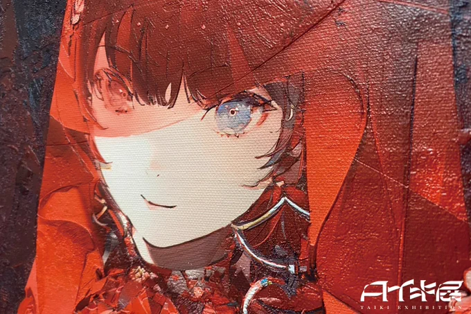 写真だと伝わりにくいのですが…支持体毎に適した版コントロールを行っており作品それぞれの見え方や感じ方に違いがあります。大きい作品に多いのがキャンバスでメリハリの強い凹凸と油画っぽさが特徴です。#タイキ展 #taiki_exhibition 