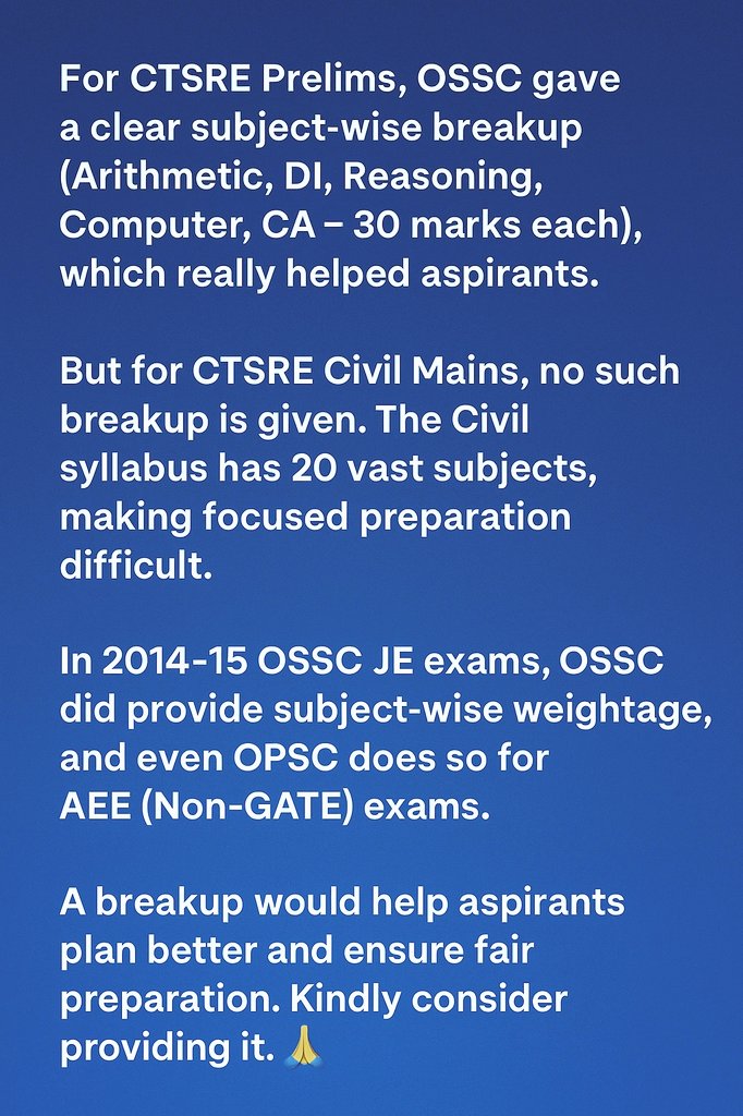 Respected <a href="/abhayips86/">Abhay ଅଭୟ अभय IPS ( Retd)</a> Sir,Kindly release the subject-wise mark distribution for upcoming CTSRE 2024 JE (Civil) Main Exam, just like it was done for Prelims. It will greatly help aspirants plan better and prepare fairly.