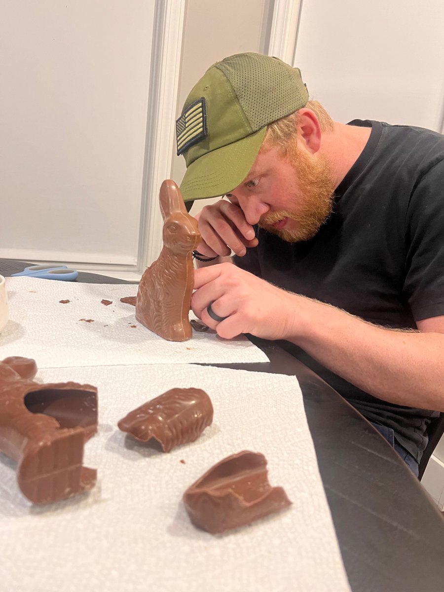 One of our kids has a severe allergy and has never had a chocolate bunny. My husband found one that was safe but every bunny at the store was broken. So he’s spending his night chocolate welding them together lol ♥️