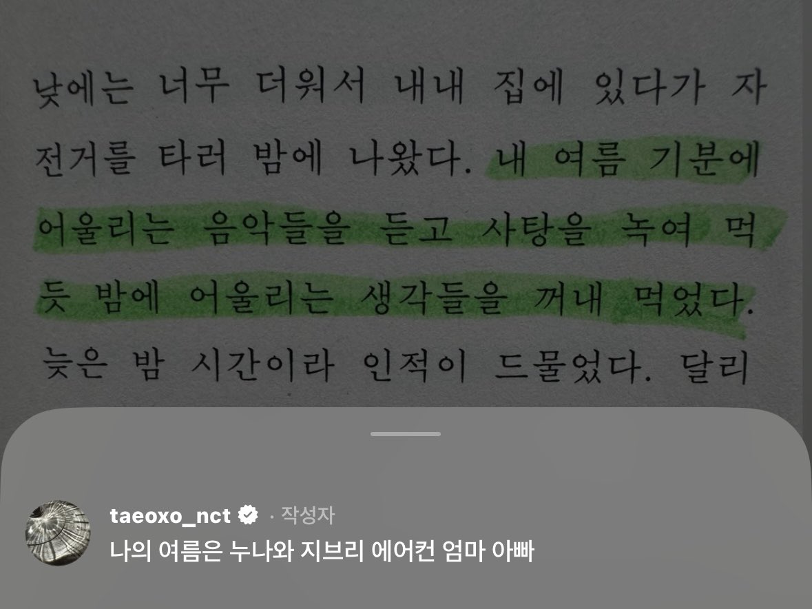 taeoxo_nct 💬 

그래도 행복이란 단어를 많이 뱉고 싶다
나의 여름은 누나와 지브리 에어컨 엄마 아빠