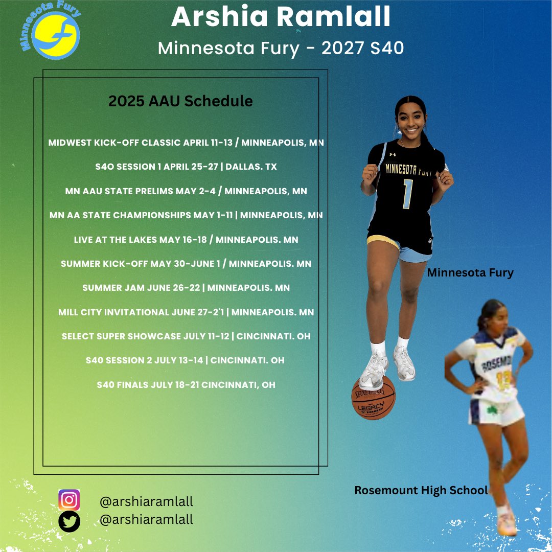ArshiaRamlall (@arshiaramlall) on Twitter photo Sharing my 2025 schedule. Can’t wait for this AAU season! <a href="/MinnesotaFury/">Minnesota Fury AAU</a> <a href="/LadyIrishHoops/">RosemountLadyIrishHoops</a> Sharing my 2025 schedule. Can’t wait for this AAU season! <a href="/MinnesotaFury/">Minnesota Fury AAU</a> <a href="/LadyIrishHoops/">RosemountLadyIrishHoops</a>