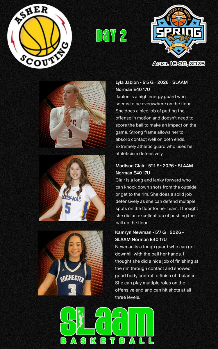 slaambasketball (@slaambasketball) on Twitter photo 🏀 Day 2 of the Spring Tip-Off with <a href="/WPABruinsTipOff/">WPABruins2025TipOff</a> was 🔥! These stars from <a href="/Elite40League/">Elite 40 League</a> shined bright at <a href="/WPABruinsTipOff/">WPABruins2025TipOff</a> ! 🌟
<a href="/lyla_jablon1/">lyla jablon</a> (5’5 G - 2026) brought unstoppable energy, moving the offense and locking down on D! 💨
<a href="/madisonclairr/">Madison Clair</a> (5’11 F - 2026) dominated 🏀 Day 2 of the Spring Tip-Off with <a href="/WPABruinsTipOff/">WPABruins2025TipOff</a> was 🔥! These stars from <a href="/Elite40League/">Elite 40 League</a> shined bright at <a href="/WPABruinsTipOff/">WPABruins2025TipOff</a> ! 🌟
<a href="/lyla_jablon1/">lyla jablon</a> (5’5 G - 2026) brought unstoppable energy, moving the offense and locking down on D! 💨
<a href="/madisonclairr/">Madison Clair</a> (5’11 F - 2026) dominated