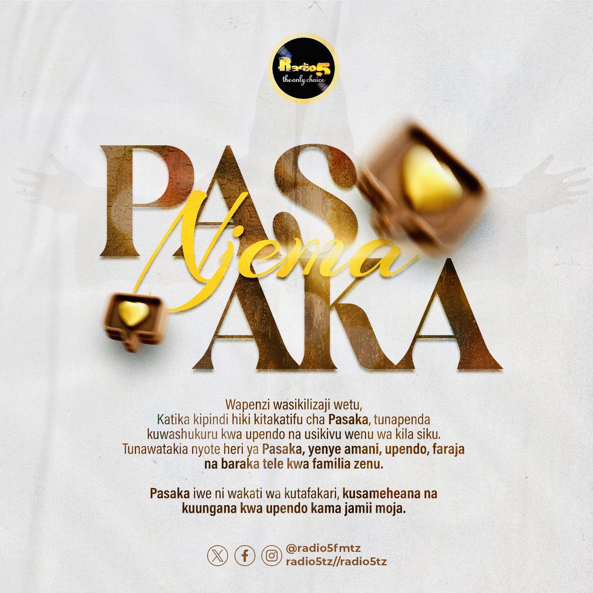 radio5fmtz's tweet photo. Wapenzi wasikilizaji wetu,
Katika msimu huu wa Pasaka, tunapenda kuwapongeza na kuwatakia heri, amani na baraka tele. Pasaka ni wakati wa kutafakari juu ya upendo, matumaini na mshikamano – na sisi kama tunajivunia kuwa sehemu ya maisha yenu kila siku.
#Pasaka2025 https://t.co/qz0OD7ls4b