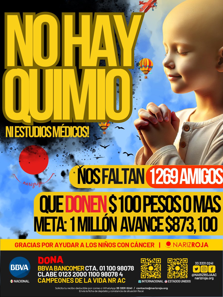 NARIZROJAAC's tweet photo. Amigos 🔴 estamos a 1269 amigos que donando  $100 pesos o más ($126,900 pesos) lograremos la meta , trabajando en equipo es más fácil !! 
Arrancaremos pascua comprando quimio y pagando varios estudios de niños y adultos con cáncer! 

🇲🇽 BBVA  Cuenta: 0110098078 Clabe:  012320001100980784  Campeones de la vida NR AC         
🇺🇸 https://t.co/hIEg9vbDss                      
🌍 https://t.co/ohWwBix7n8
Solicita tu recibo deducible WhatsApp 3333310241

🔴♥️🔴♥️🔴♥️🔴♥️🔴♥️🔴♥️🔴♥️