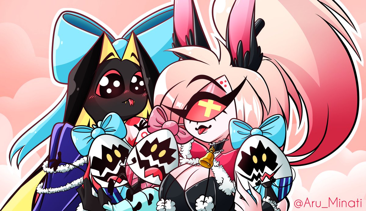 Cherri Bomb and Sir Pentious wish you a
✨🎀 Happy Easter 🎀✨

Not forgetting the Egg Bois ofc ! 🥚

#HazbinHotel #CherriSnake 
#HappyEaster