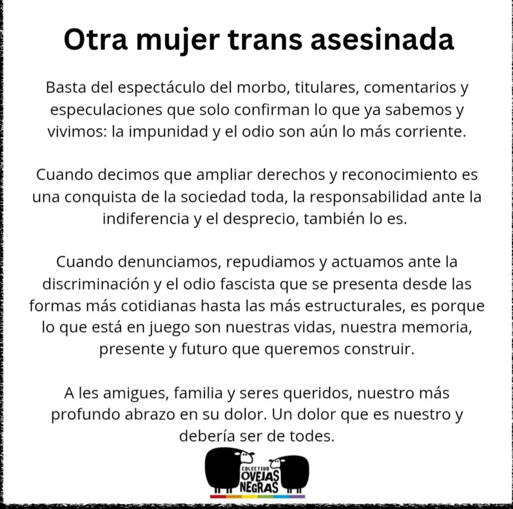 ADASU adhiere al comunicado del colectivo Ovejas Negras, ante el asesinato de otra mujer trans.
También es nuestro dolor.
