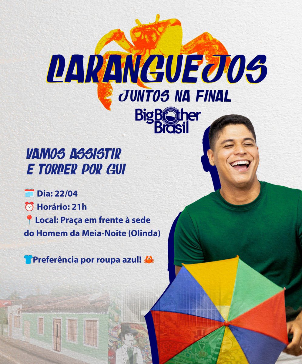 Caranguejo que é caranguejo vai estar na rua nessa terça! 🤩

No dia 22 de abril, a partir das 21h, a gente se encontra na praça em frente à sede do Homem da Meia-Noite, em Olinda, pra assistir juntinho à grande final do BBB25 e torcer com força por Gui!

Leva teu cartaz, tua