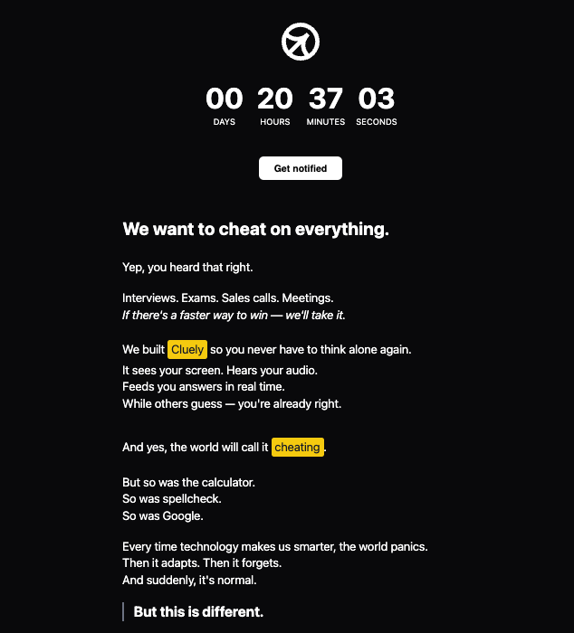 im_roy_lee's tweet image. Cluely launches in &amp;lt;24 hours. 

We're changing the definition of the word "cheating."

This will be the most ambitious project of my life. 

If we can accomplish what we set out to, we will change the course of human history.

4/20/25 2PM PST
@trycluely