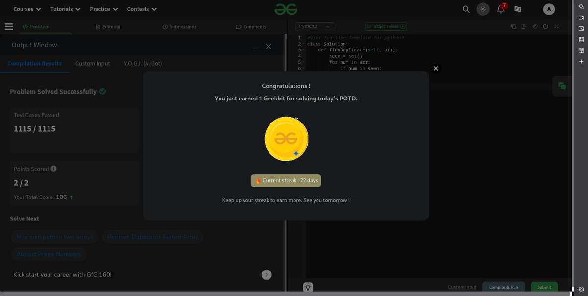 Aman1240915's tweet image. Day 22 of #gfg160 
Found that sneaky duplicate hiding from 1 to n-1 🤫🕵️‍♂️  
Turns out even arrays can&apos;t resist repeating mistakes 😅  
#Hashing #DuplicateFinder #gfgpractice #geekstreak2025  
@geeksforgeeks