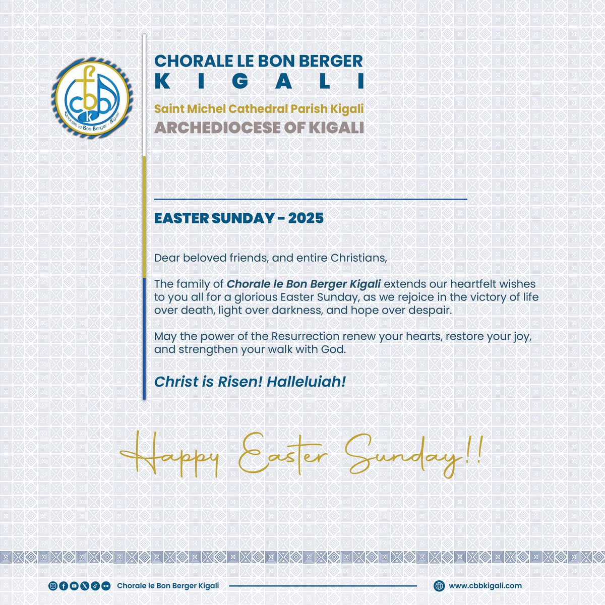 Chorale le Bon Berger - Kigali (@cbbkigali) on Twitter photo 🌿✝️ Happy #Easter_Sunday ✝️🌿
Dear beloved friends, and entire Christians,
The family of <a href="/cbbkigali/">Chorale le Bon Berger - Kigali</a> extends our heartfelt wishes
to you all for a glorious Easter Sunday, as we rejoice in the victory of life over death, light over darkness, and hope over despair. 🌿✝️ Happy #Easter_Sunday ✝️🌿
Dear beloved friends, and entire Christians,
The family of <a href="/cbbkigali/">Chorale le Bon Berger - Kigali</a> extends our heartfelt wishes
to you all for a glorious Easter Sunday, as we rejoice in the victory of life over death, light over darkness, and hope over despair.