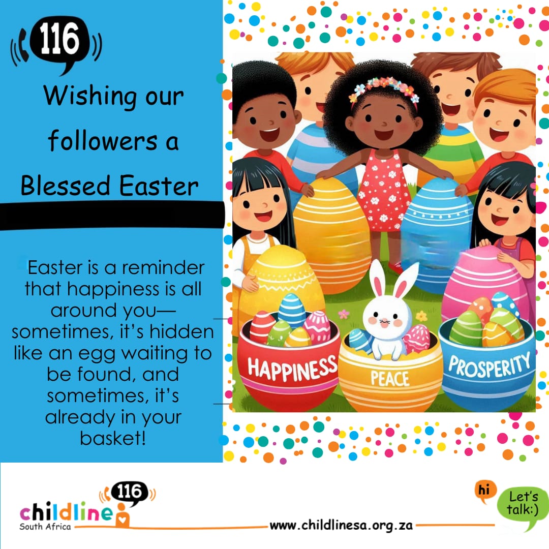 Wishing you a peaceful and joyful Easter from all of us at Childline SA🐰🐣🪺 May this season bring hope, renewal &amp; the reminder that you are never alone 🧡

Call us 24X7 on 1️⃣1️⃣6️⃣ (free from all networks) OR chat to us Mon-Fri, 11am-1pm &amp; 2-6pm:
chat.childlinesa.org.za/chat