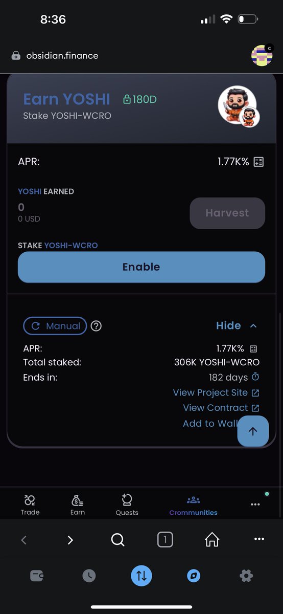 We have an LP farming with 1,770% APR currently on <a href="/ObsidianSwap/">ObsidianSwap | SWAP. CLAIM. WIN!!</a> ….get some $Yoshi and has to be LP made on <a href="/EbisusBay/">Ebisu's Bay | GameFi - NFT Market - DEX</a> 

obsidian.finance/crommunities/K…