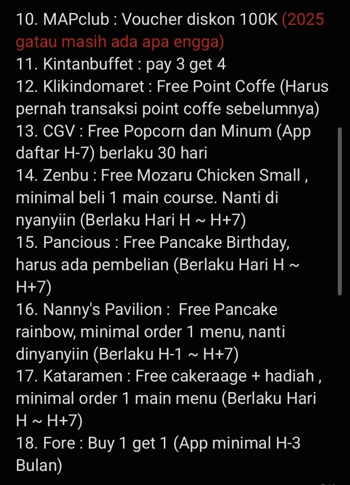 ichsanynr's tweet image. Just sharing, yang mau klaim birthday treats boleh dicoba cek list dibawah ini. Sumber : diri sendiri, review sosmed, IG tenant food