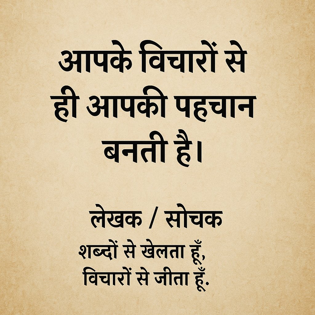 🌞 सुप्रभात!
आपके विचार ही आपकी असली पहचान हैं।
हर सुबह एक नया विचार, एक नई शुरुआत होती है।
🖋 लेखक / सोचक
"शब्दों से खेलता हूँ, विचारों से जीता हूँ।"
 #GoodMorning #Motivation #HindiQuotes