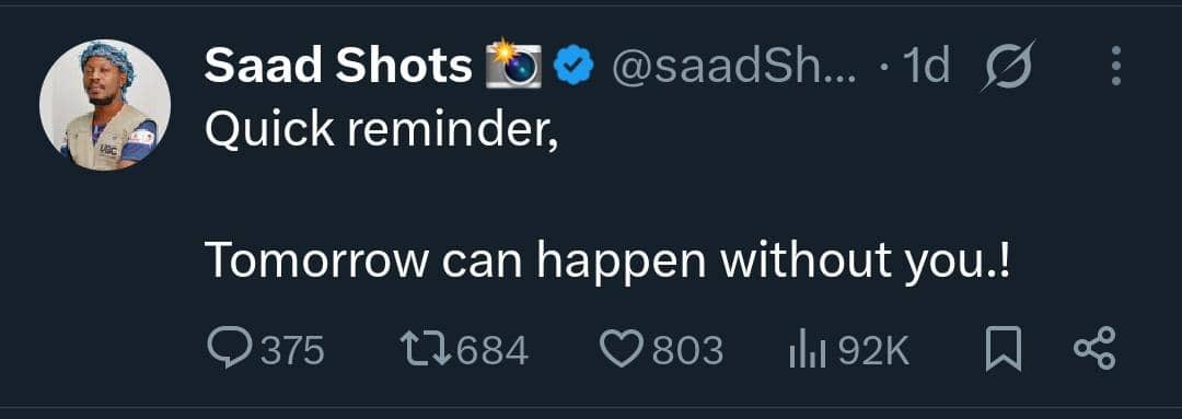 Wafula Silas Shoki (@wafula_shokiug) on Twitter photo Indeed
Tomorrow can happen without you 💔
Rest with Angels <a href="/saadShots/">Saad Shots 📸</a>
That quote has humbled me the whole day 😭😭😭 Indeed
Tomorrow can happen without you 💔
Rest with Angels <a href="/saadShots/">Saad Shots 📸</a>
That quote has humbled me the whole day 😭😭😭