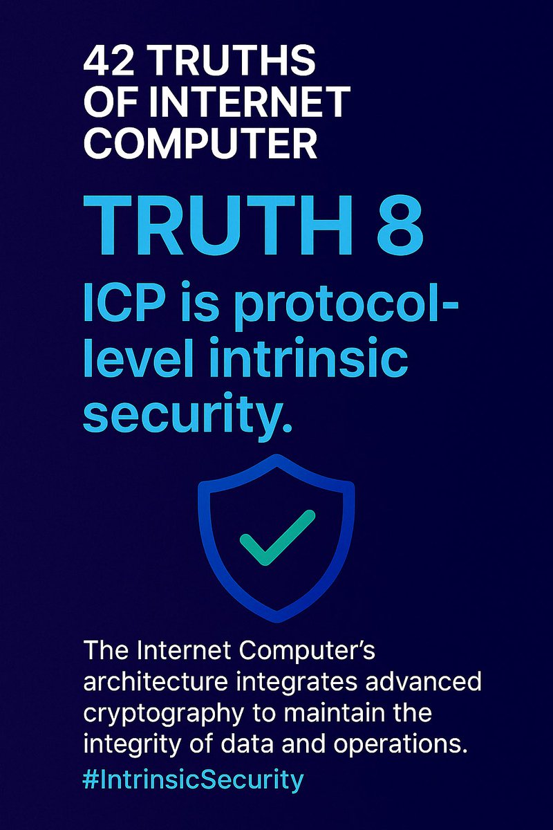 iPhelipeVR's tweet image. 42 Truths of #InternetComputer
8. #ICP is protocol-level intrinsic security.

The Internet Computer defends itself against security threats at the protocol layer.

#IntrinsicSecurity