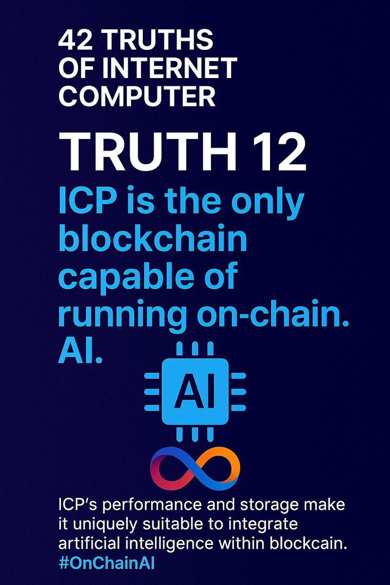 iPhelipeVR's tweet image. 42 Truths of #InternetComputer
12. #ICP is the only blockchain capable of running on-chain AI.
ICP’s performance and storage make it uniquely suitable to integrate artificial intelligence within blockchain.
#OnChainAI