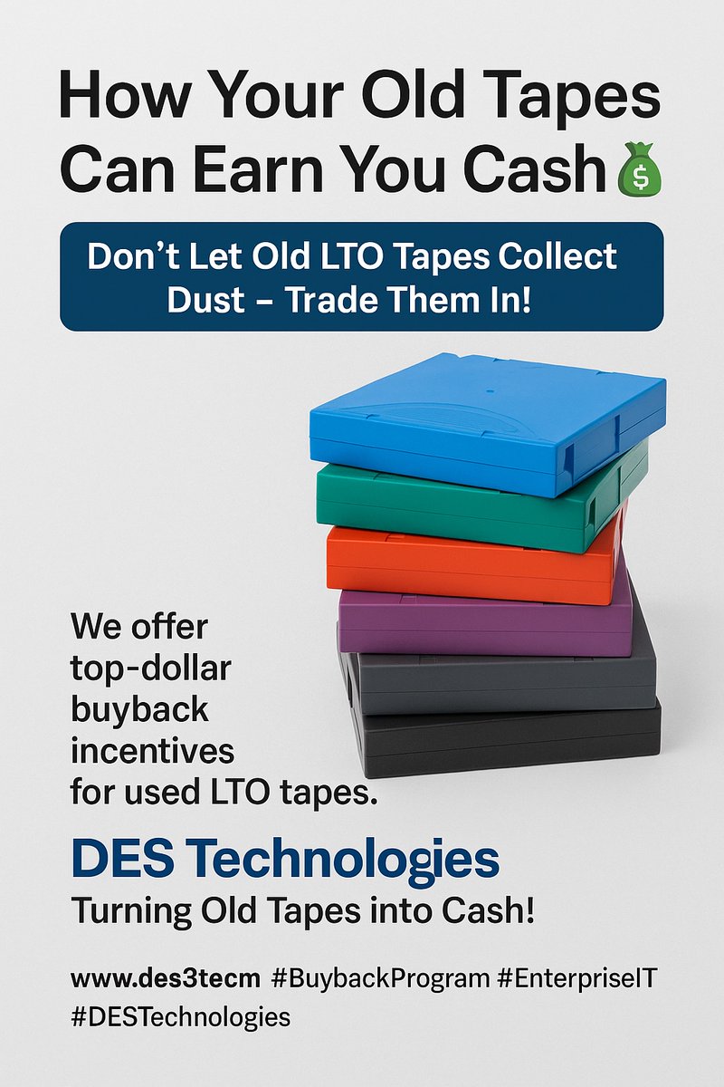 DES3Tech's tweet image. 💰 Old LTO tapes taking up space? DES Technologies wants them! 
 Trade them in through our Buyback Program and get top-dollar. 
 🔗 des3tech.com 
 #RecycleTapes #BuybackProgram #EnterpriseIT #DEStechnologies