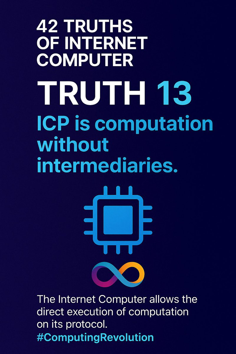 iPhelipeVR's tweet image. 42 Truths of #InternetComputer
13. #ICP is computation without intermediaries.
The Internet Computer allows the direct execution of computation on its protocol.
#ComputingRevolution